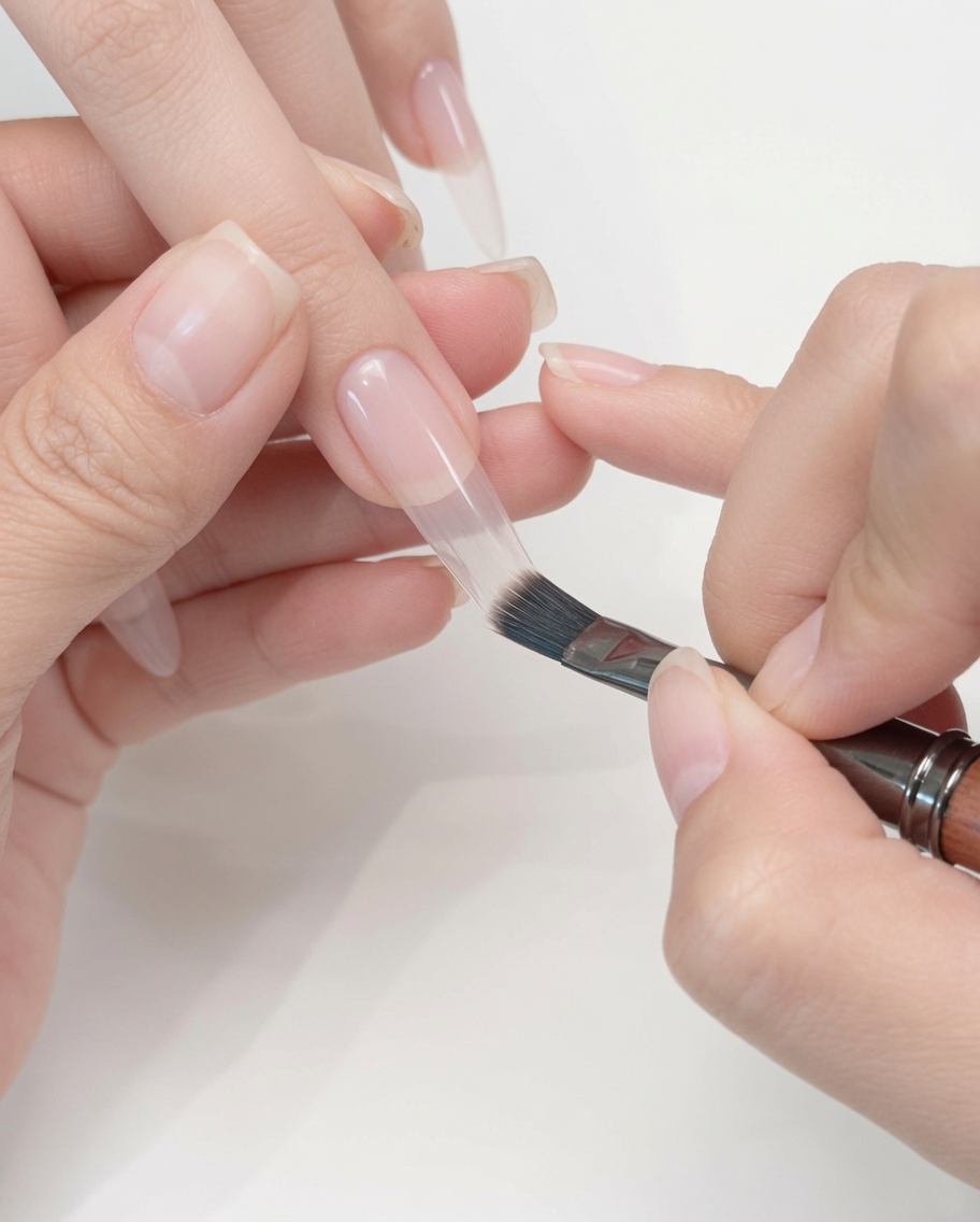 Un magnete cilindrico tenuto vicino a ununghia rivestita di gel cat-eye fresco.