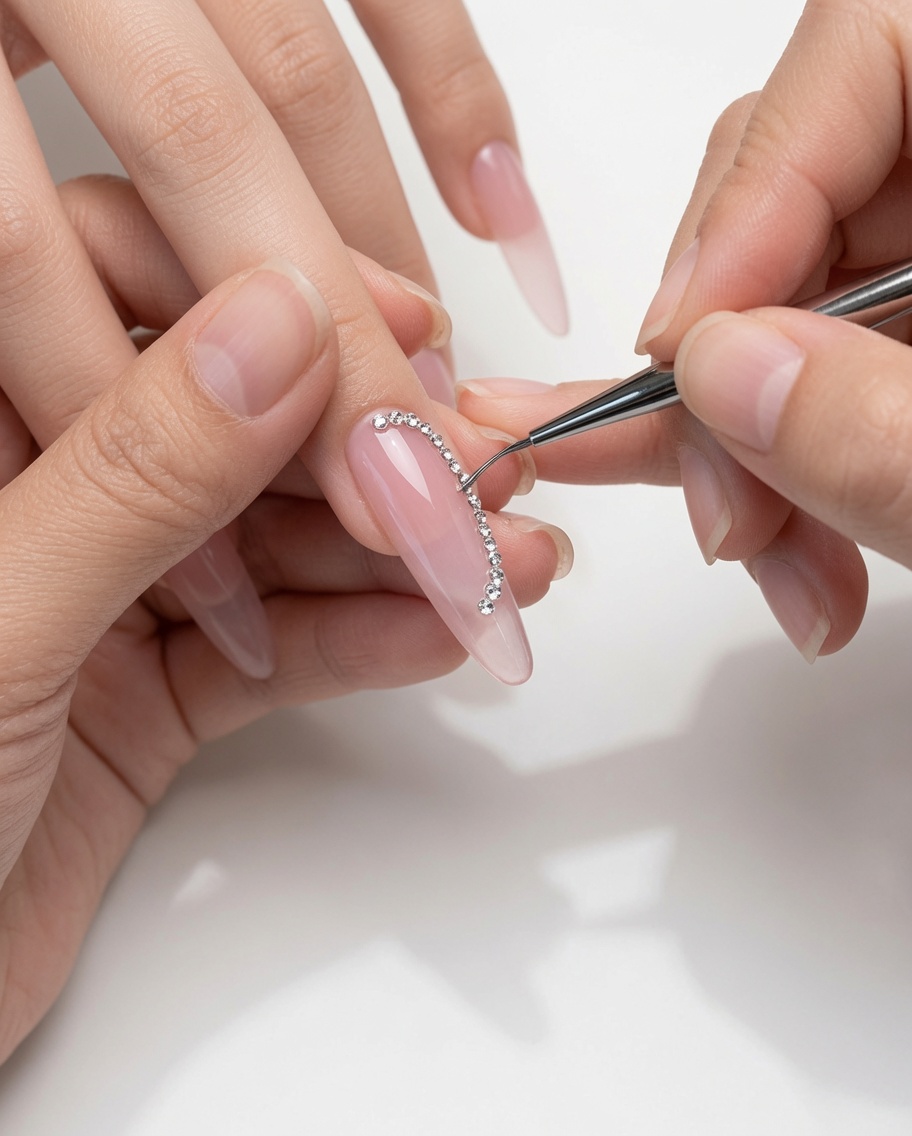 Un primo piano di un pennello di precisione che perfeziona la curva di una punta French in gel glitterato.
