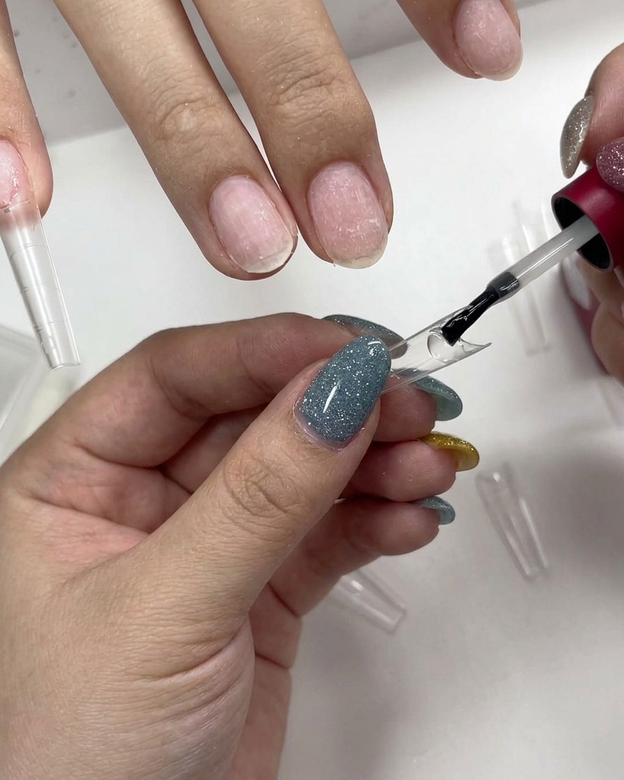 Un pennello per unghie applica colla gel trasparente allinterno della tip trasparente.