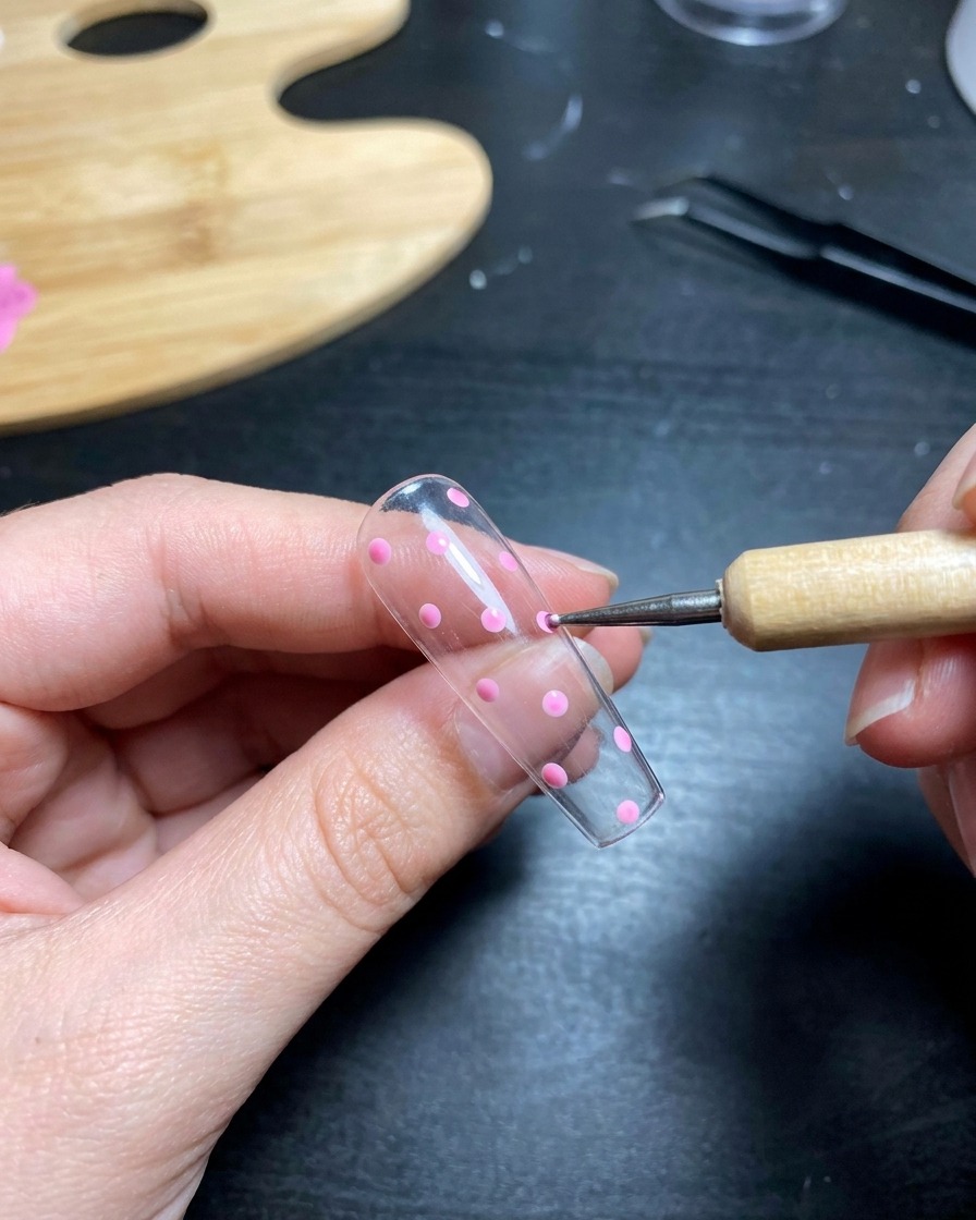 Primo piano di una mano con nail art a pois posizionata allinterno di una lampada UV.