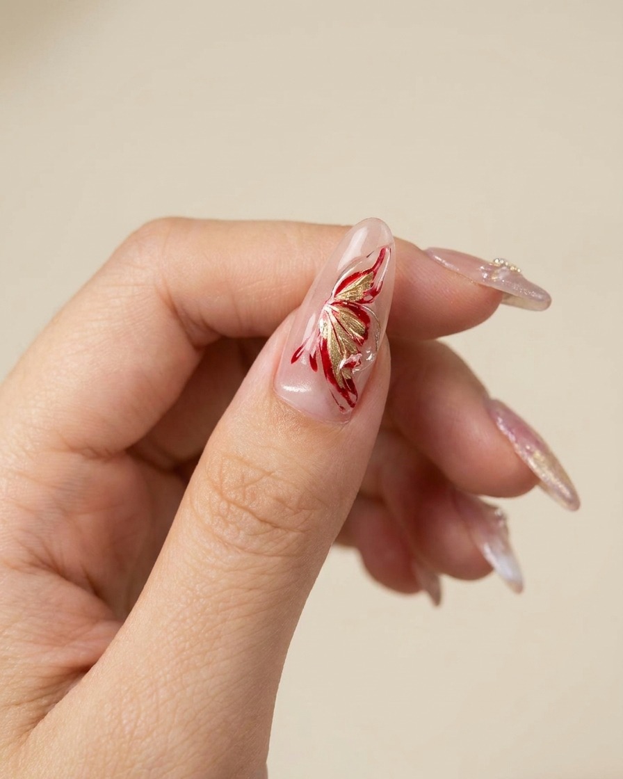 Primo piano di uno strumento in silicone che crea pieghe e texture delicate nel gel 3D bagnato su ununghia.