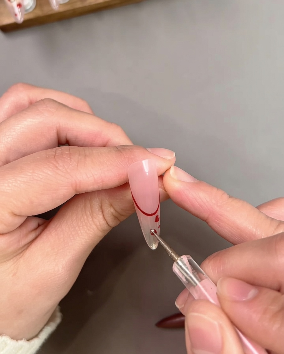 Uno strumento dotting che applica piccoli punti di gel rosso su ununghia nude con punta French rossa e minuscoli dettagli a cuore.