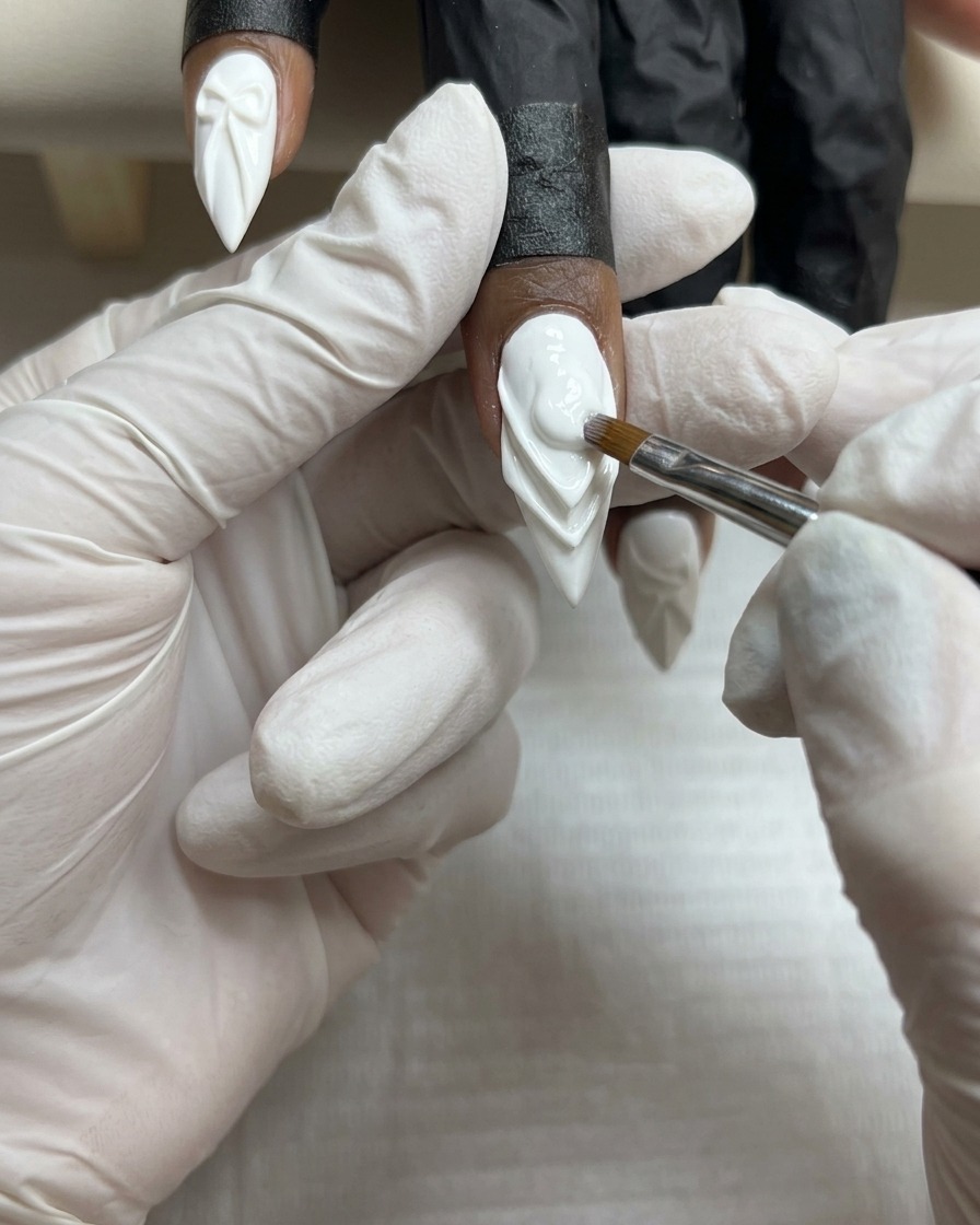 Un pennello rifinisce un secondo strato di smalto gel bianco opaco su ununghia.