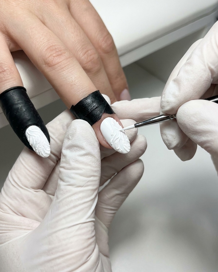 Un pennello per dettagli tira delicatamente il gel scultoreo bianco formando un triangolo sulla superficie dellunghia.
