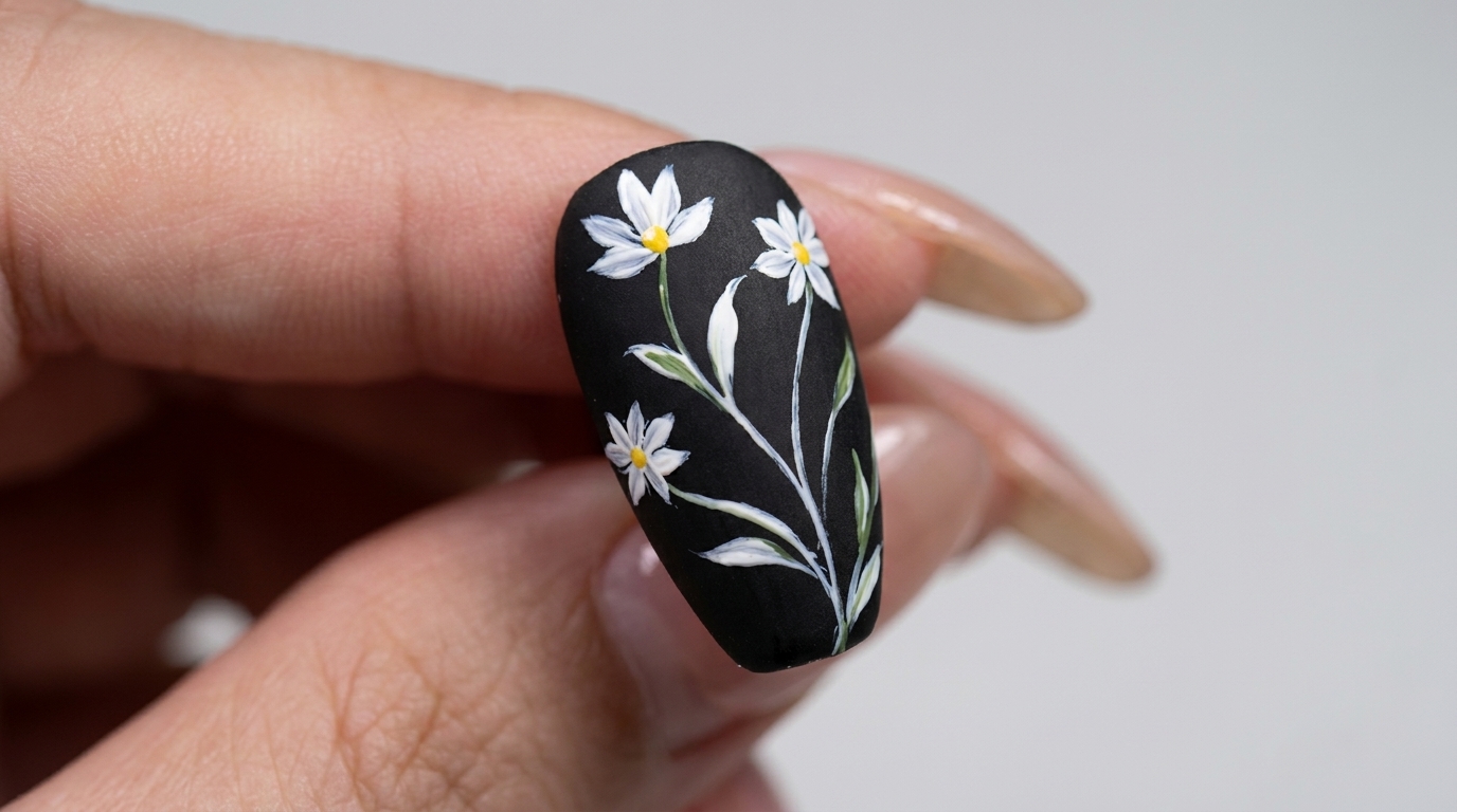 Nail Art Margherita su Nero Opaco — Tutorial Floreale per Principianti