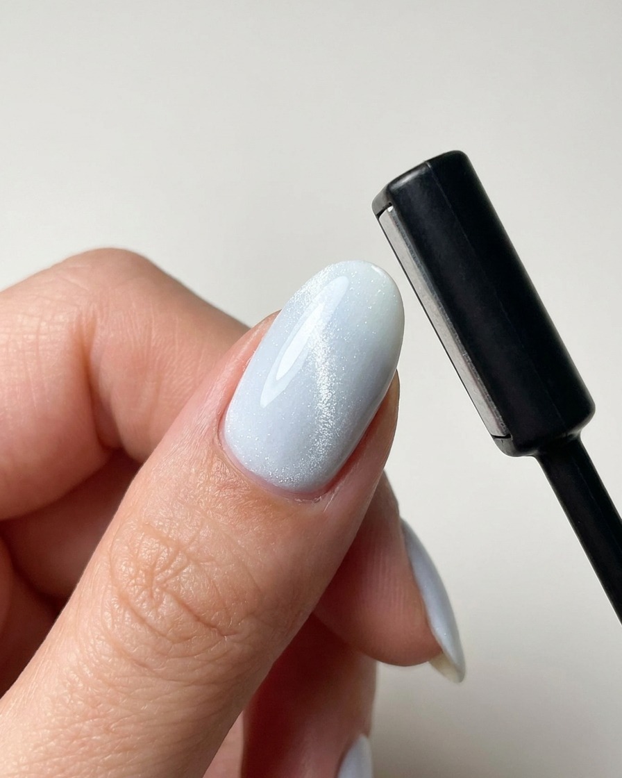 Un magnete nero che sovrasta ununghia lucida e bagnata per allineare le particelle luccicanti.