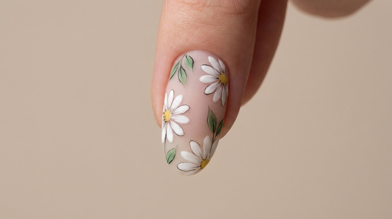 Delicata nail art floreale con margherite bianche, foglie verdi e finish opaco su unghie dalla forma naturale.