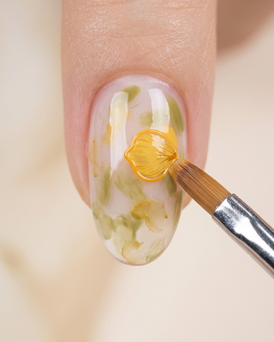 Un primo piano di ununghia con contorni di foglie verdi, dove un pennello con gel giallo-arancio sta attivamente dipingendo la forma dei petali dei fiori.