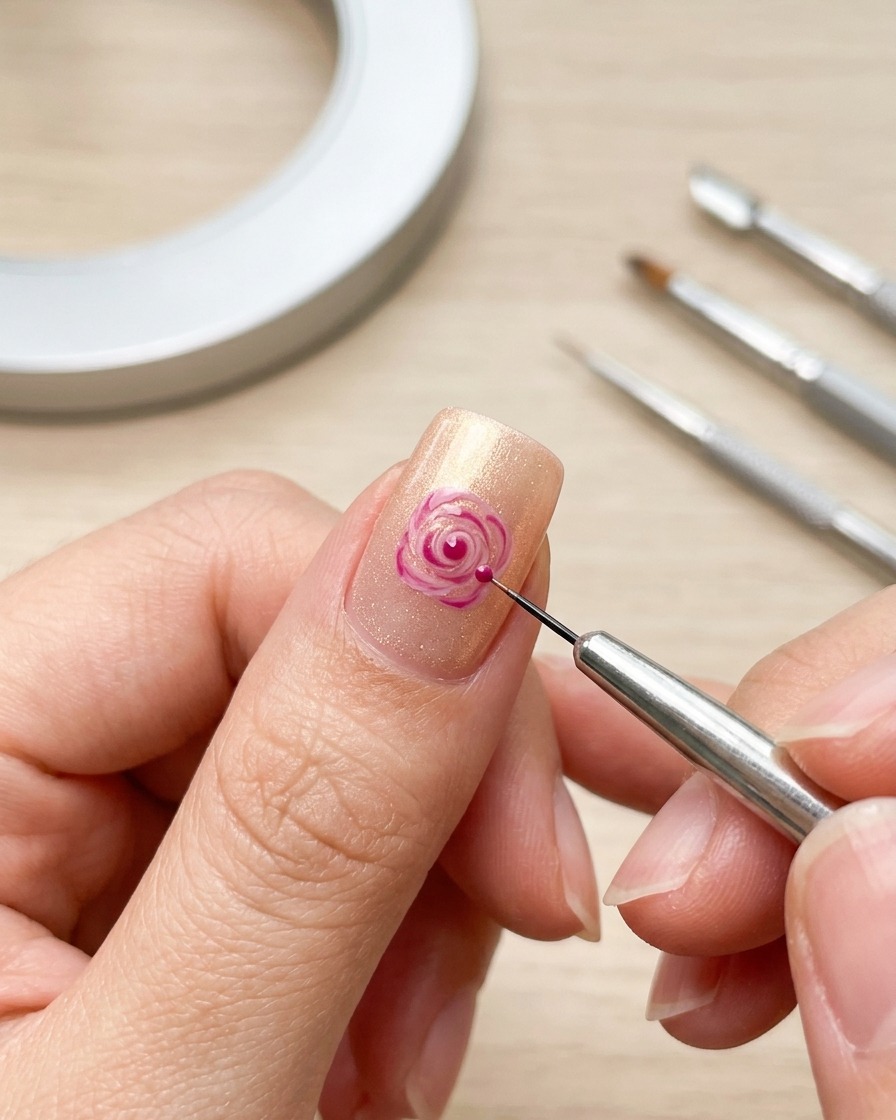 Un primo piano che mostra un pennello di precisione che ammorbidisce il centro di una rosa dipinta su ununghia.