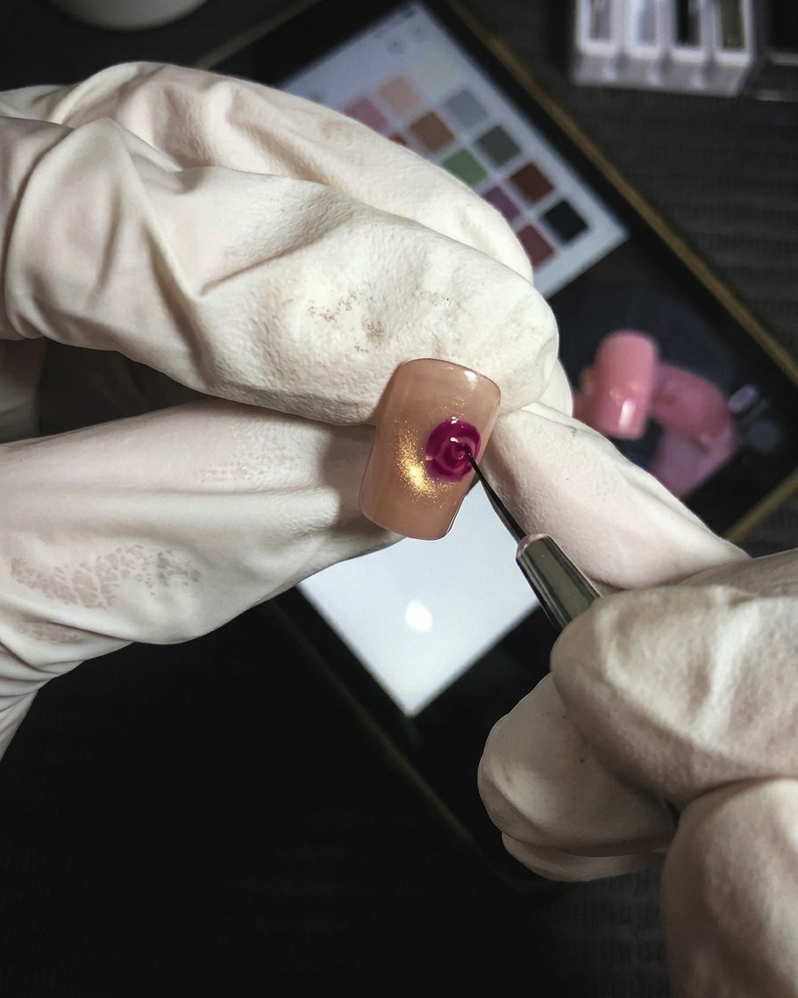 Un pennello a punta sottile aggiunge precise linee di gel magenta per aumentare la definizione degli strati dei petali della rosa.