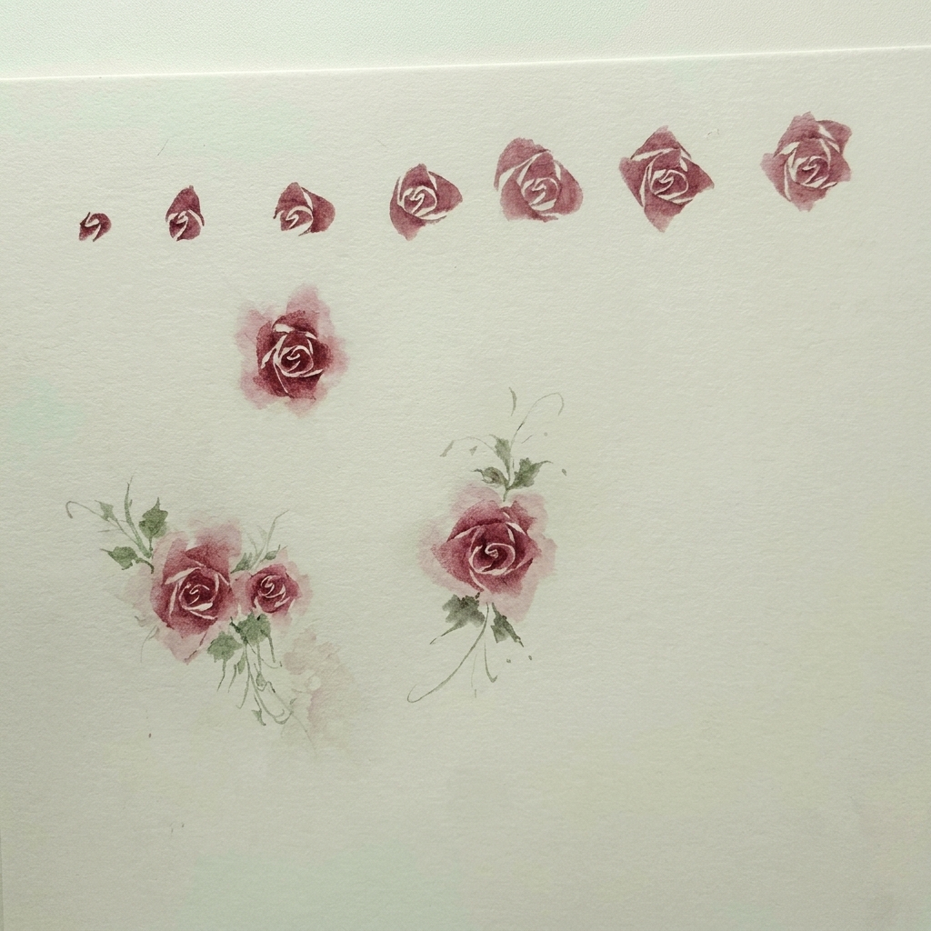 Un primo piano di un pennello da acquerello che applica una piccola forma a mezzaluna rosa intenso su carta bianca.