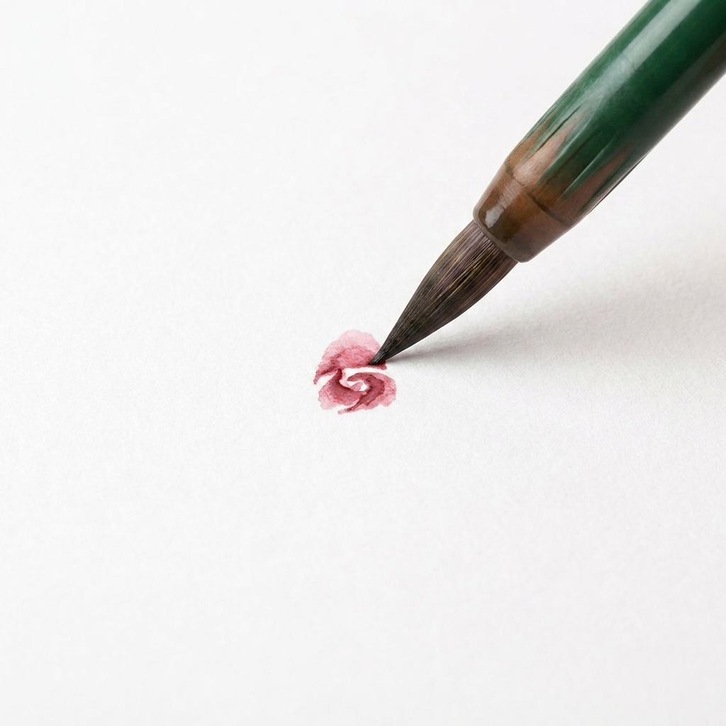 Un piccolo fiore ad acquerello su carta con un nuovo strato di petali rosa aggiunto nella sezione in alto a destra.