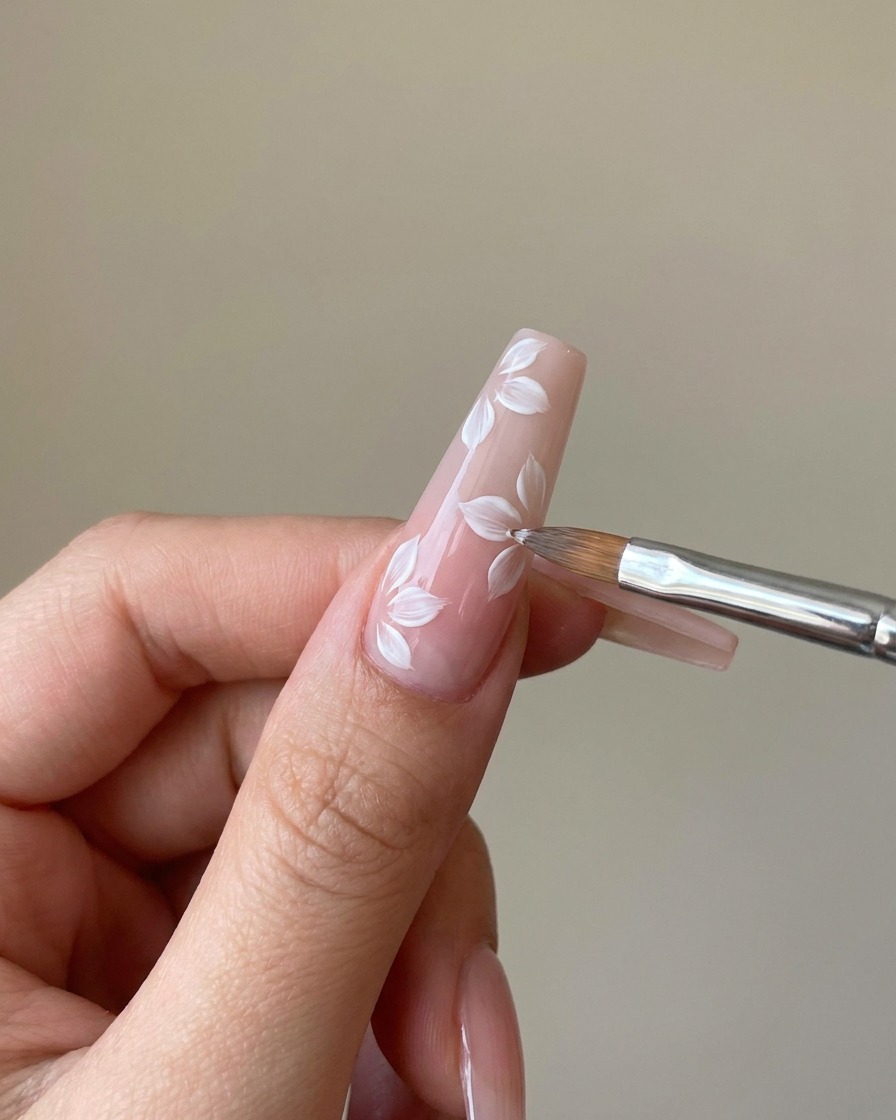 Un pennello liner fine che aggiunge un secondo strato di petali di gel bianco sopra il design opaco esistente.