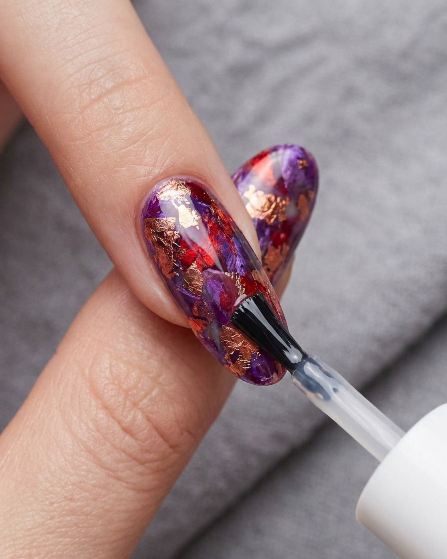 Un pennello applica un top coat trasparente e lucido sopra la nail art completata con blooming gel rosso e blu.