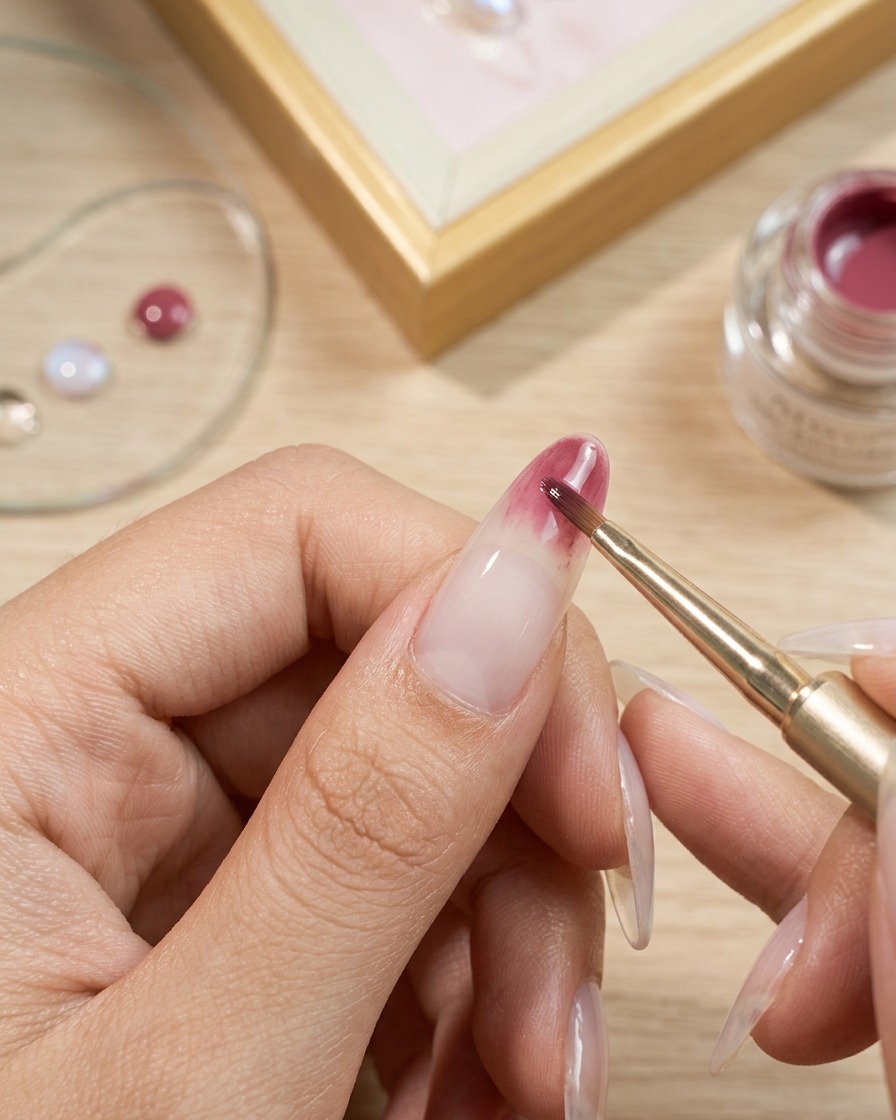 Un pennello da gel applica il colore rosa sulla punta dellunghia sfumandolo verso la cuticola.