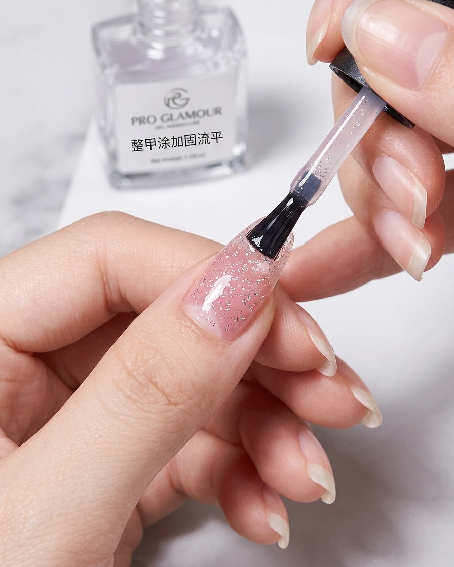 Un pennello applica uno strato di top coat trasparente sul design finito, creando una superficie lucida.