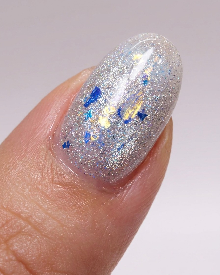 Un pennello applica uno strato lucido di top coat su ununghia decorata.