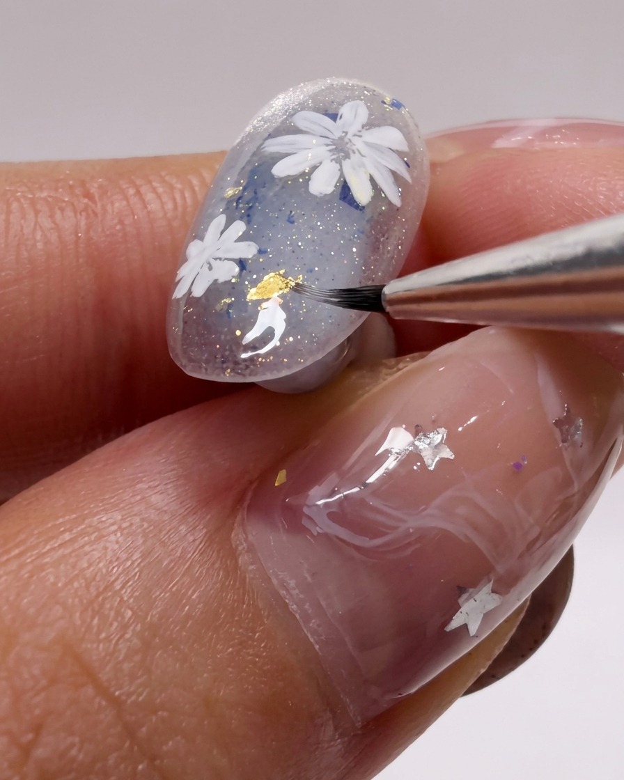 Macro di un pennello da nail art che aggiunge dettagli ai petali di margherita.
