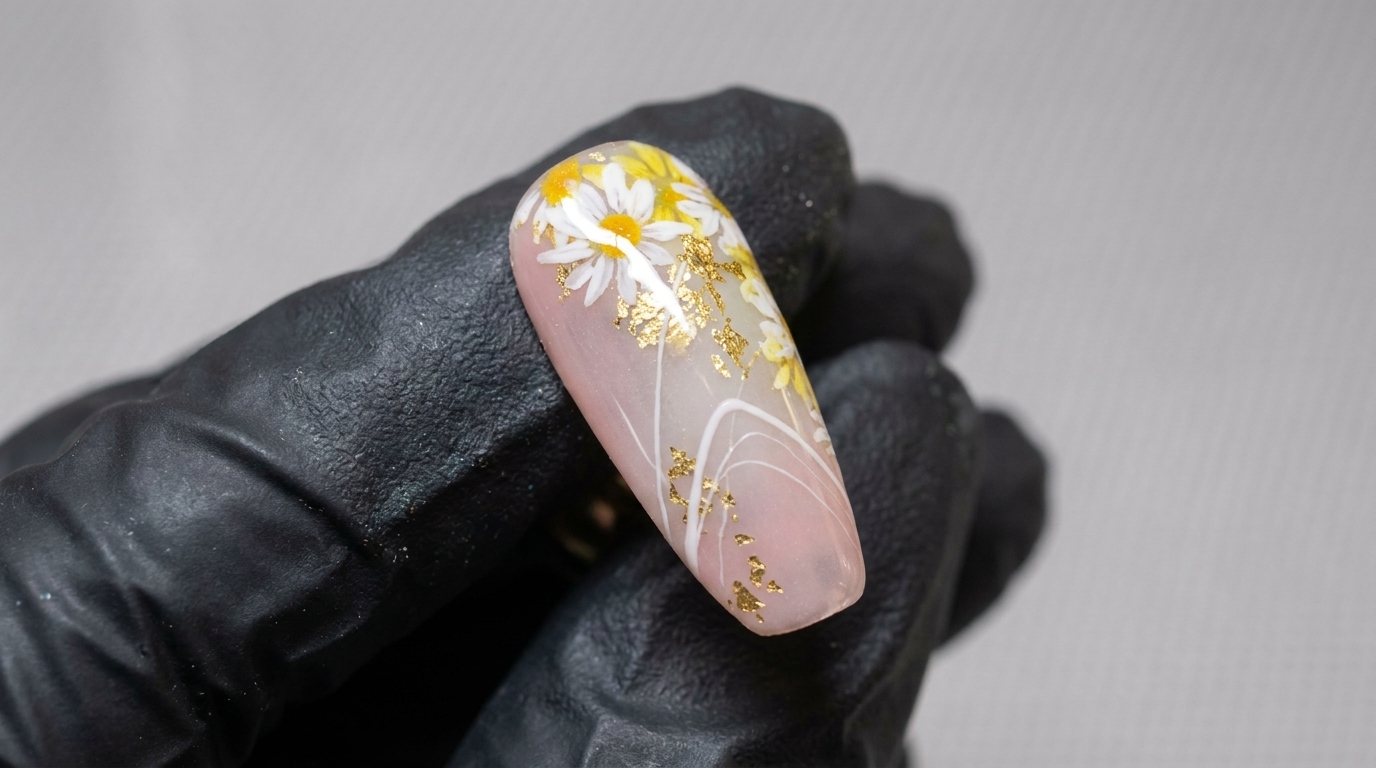 Un design unghie con sfumatura ombré dal rosa al bianco, caratterizzato da delicate margherite bianche dipinte a mano, centri gialli vibranti e sottili accenti in foglia doro.