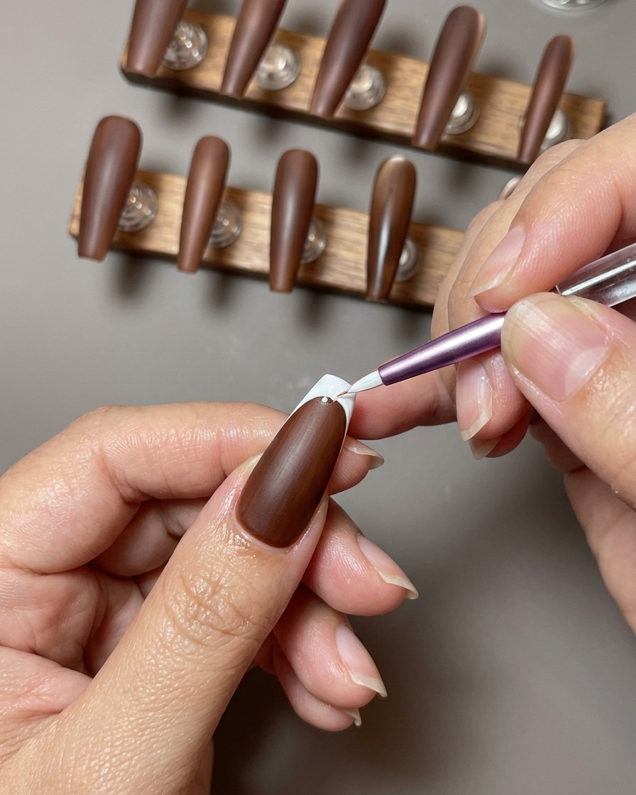 Un primo piano di ununghia marrone dove una french tip inversa bianca viene accuratamente delineata nellarea della cuticola.