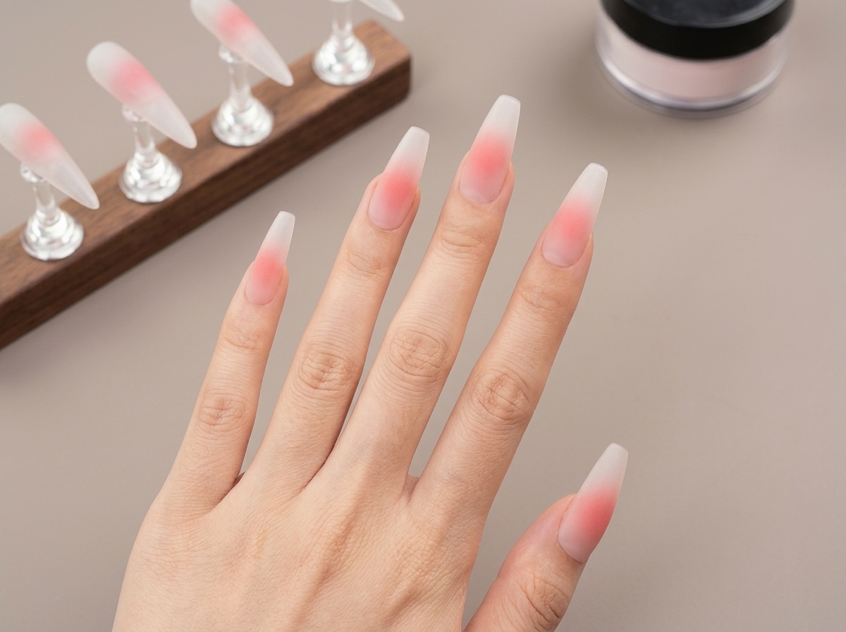 Primo piano di unghie a mandorla con un effetto sfumato blush rosa che parte dalle punte.
