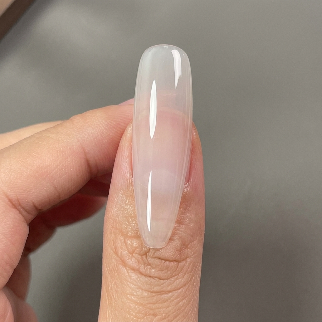Un pennello applica un top coat trasparente e lucido su ununghia curata.