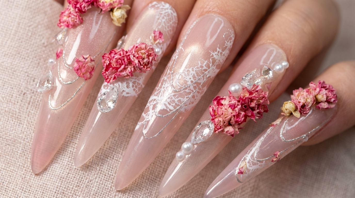 Unghie Stiletto Tiptoe Rose — Tutorial su Pizzo e Fiori Essiccati
