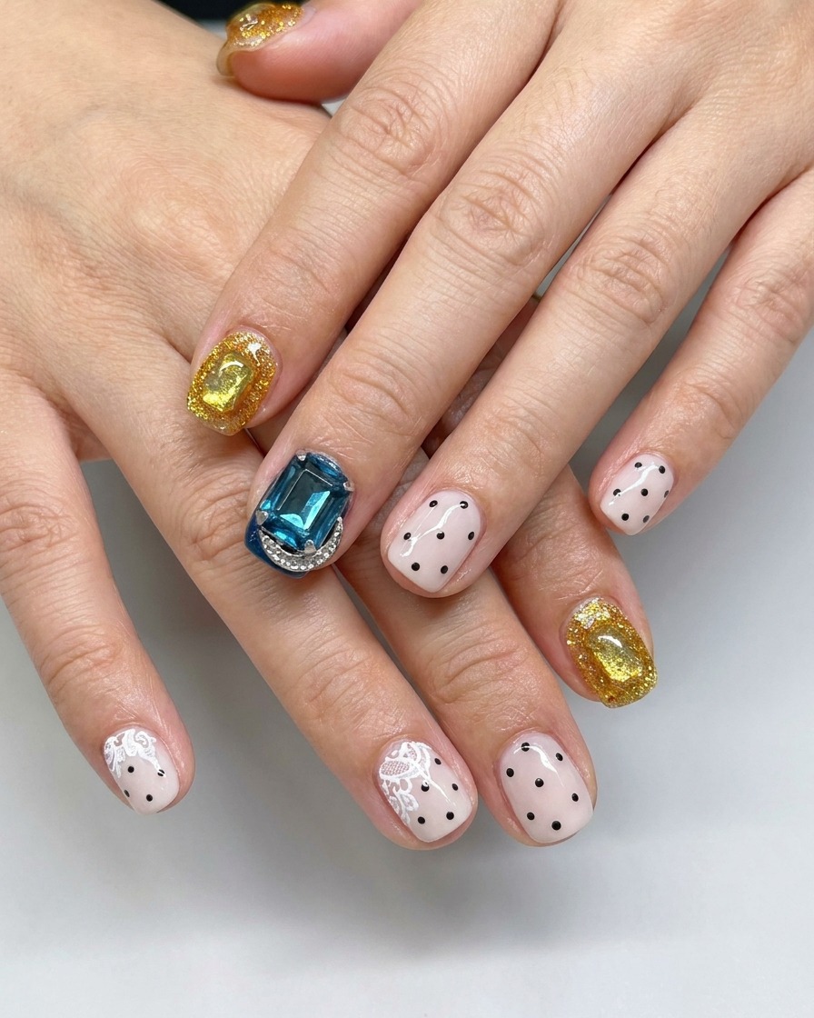 Un pennello a punta fine che applica piccoli pois neri su una base in gel bianco latte.