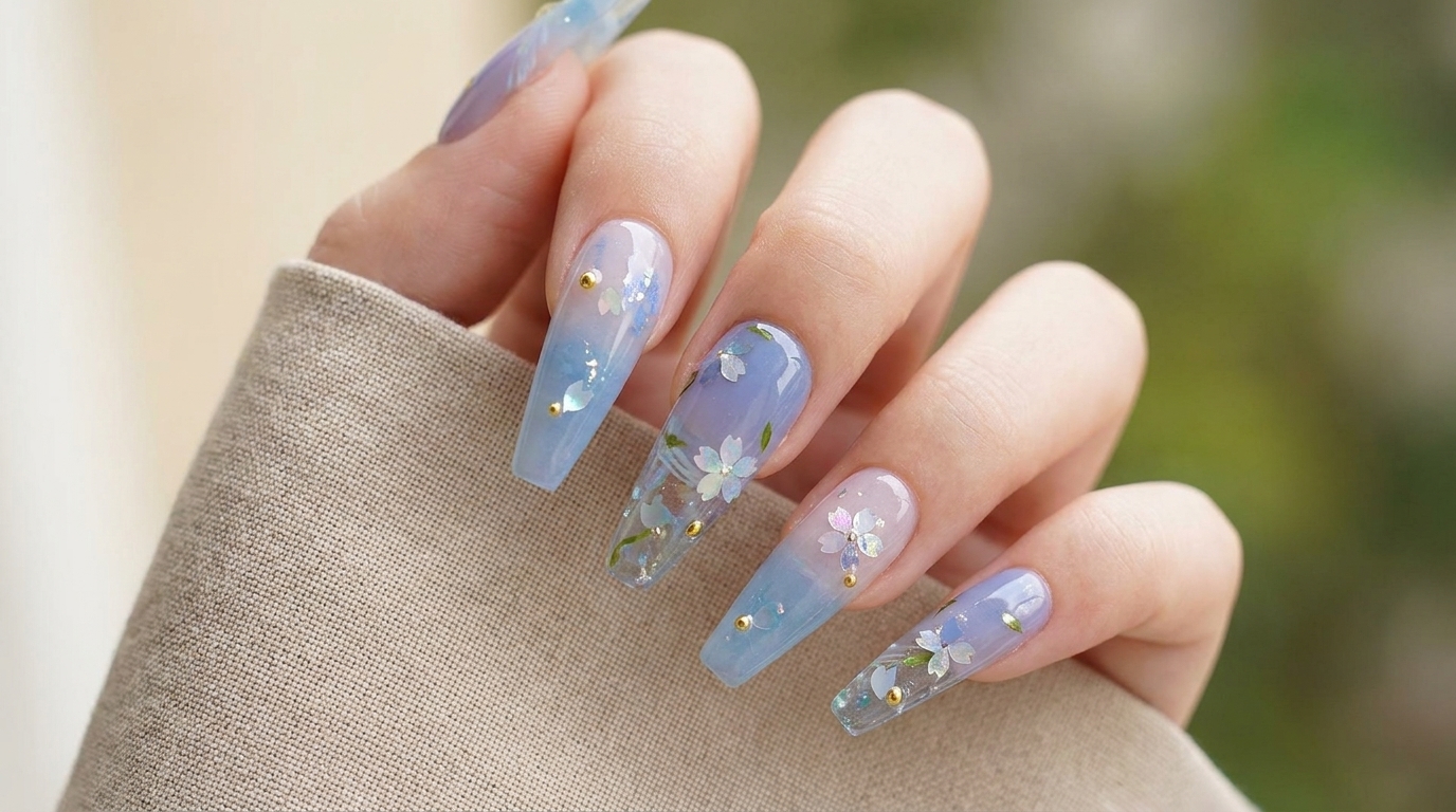 Unghie Sfumate Blu con Fiori di Ciliegio — Tutorial Passo dopo Passo