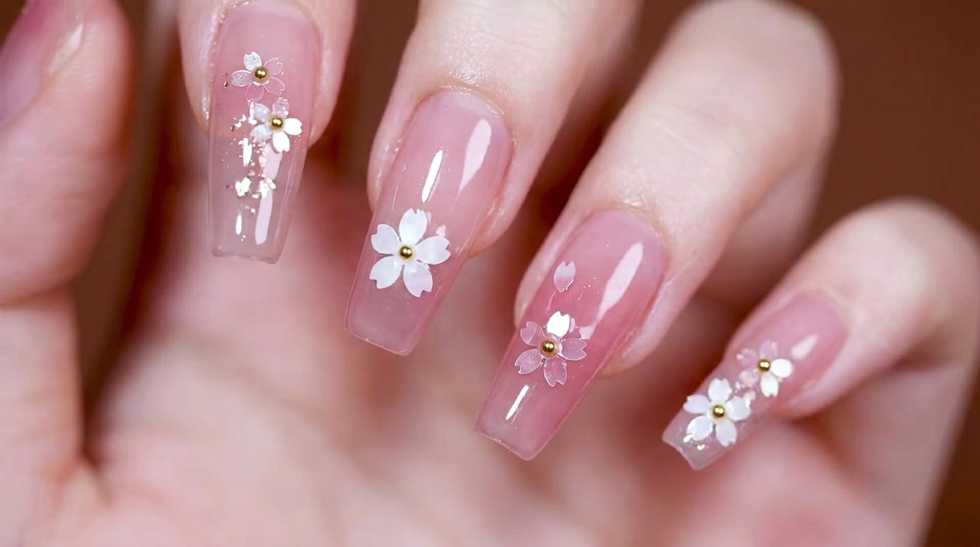 Unghie con sfumatura rosa blooming decorate con delicati fiori di ciliegio e piccoli accenti dorati.