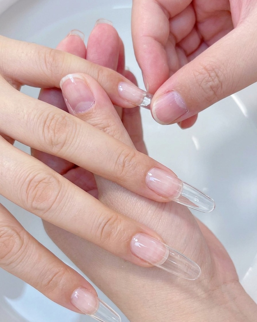 Primo piano di una mano che posiziona una tip in gel trasparente sullunghia naturale per verificare la misura.