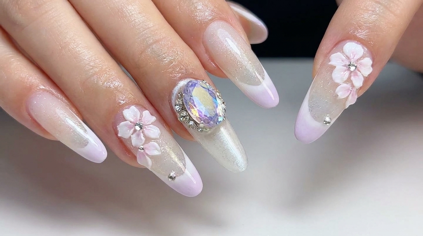 Unghie Cat-Eye Sfumate Color Lattiginoso e Viola con Fiori 3D