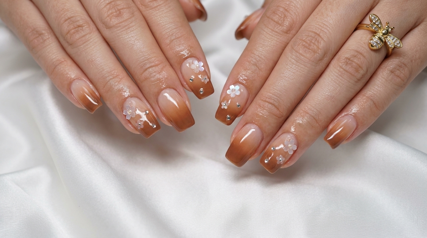 Unghie Autunnali Sfumate color Milk Tea con Paillettes Sakura — Tutorial Passo dopo Passo