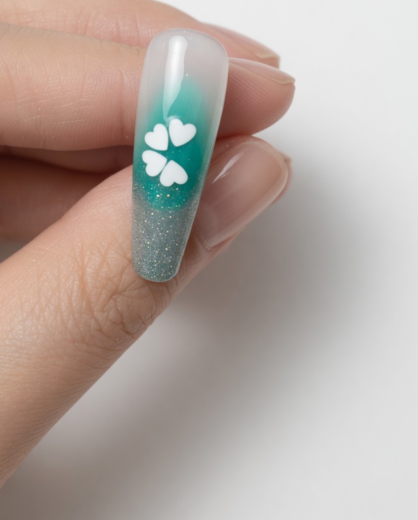 Un primo piano di ununghia che mostra il design completo del fiore a paillettes, pronto per essere posto sotto una lampada per la polimerizzazione.