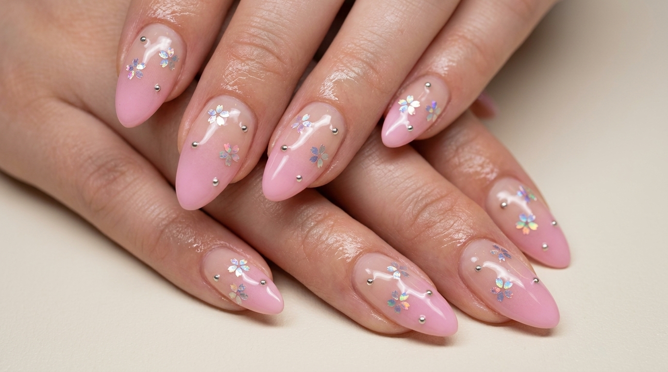 Manicure finita che presenta una base sfumata color rosa nude con delicati glitter a forma di fiore di ciliegio e piccoli accenti in perline dacciaio su unghie a mandorla.