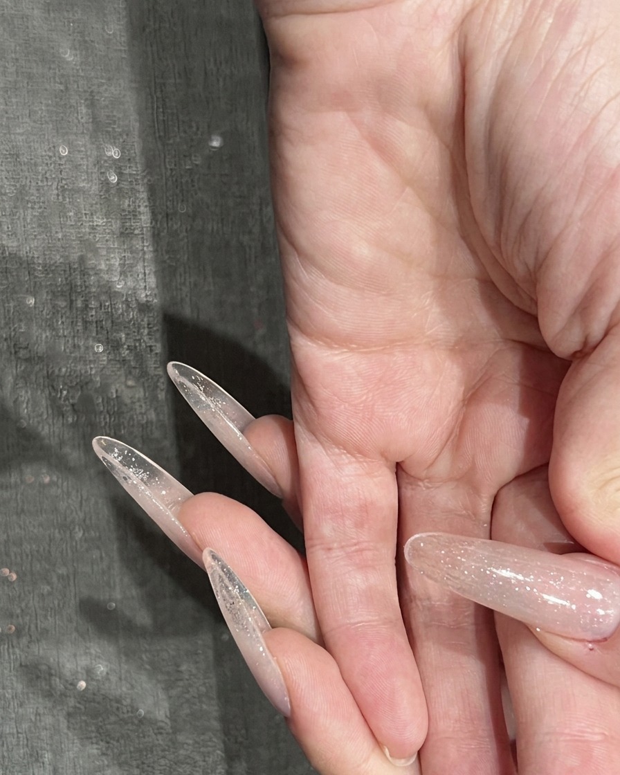Un pennello applica uno strato finale di top coat lucido sopra un design finito con stelle e gemme.