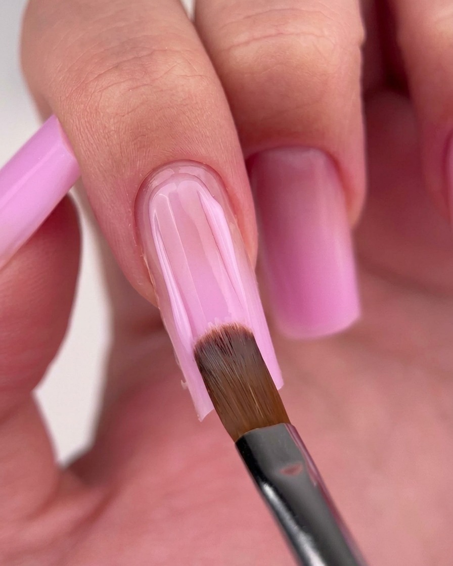 Un pennello da unghie che applica lo smalto gel rosa sulla metà inferiore dellunghia.