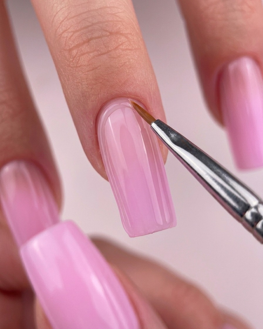 Un primo piano di un pennello di precisione che applica il top coat lucido lungo la linea della cuticola di ununghia gel quadrata rosa.