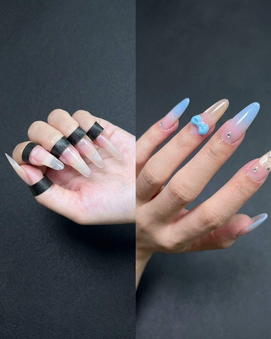 Un pennello piatto per gel applica un gel nude trasparente sulla superficie dellunghia di un indice.