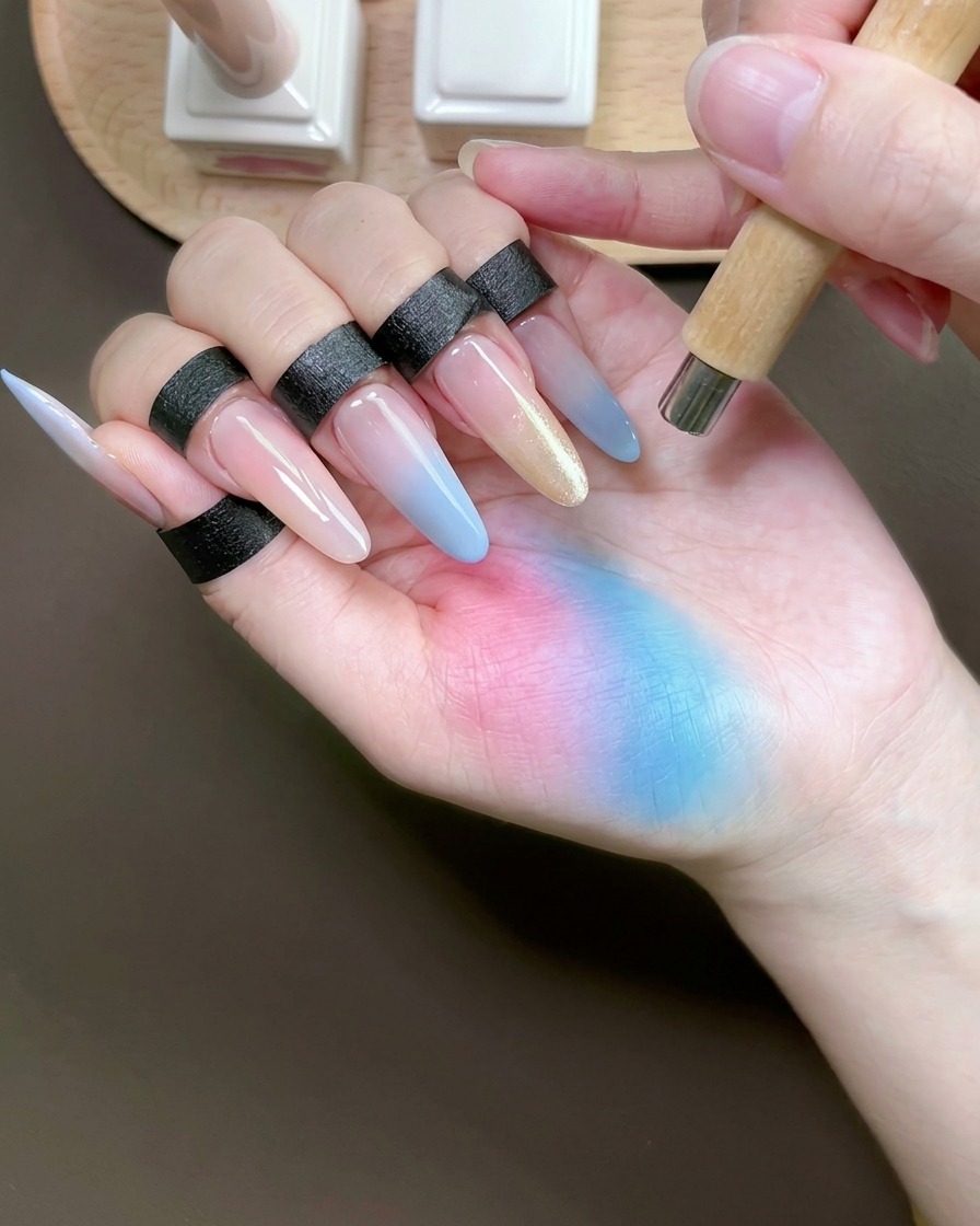 Un magnete cilindrico tenuto in diagonale sopra lunghia dellanulare per creare una linea brillante e definita in stile cat-eye.