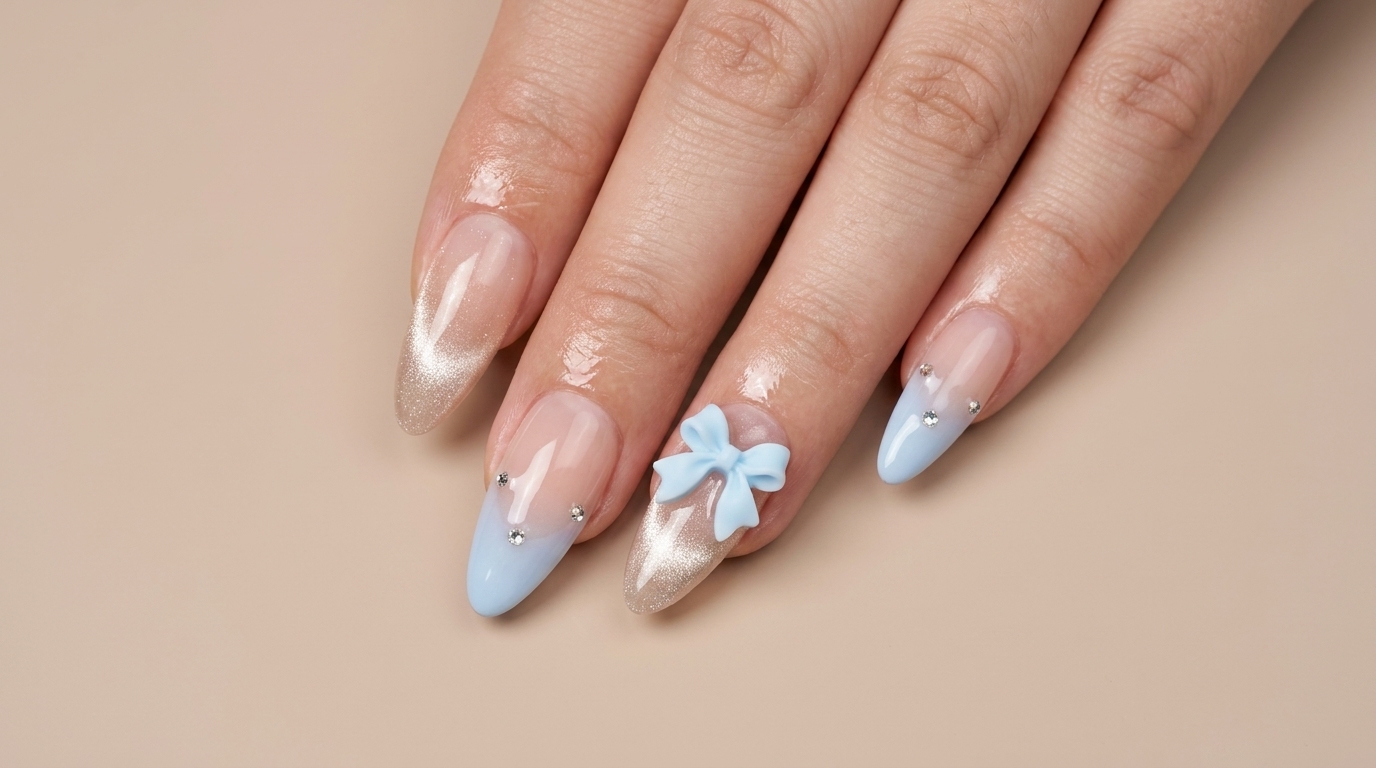 Unghie Cat-Eye Sfumate Blu con Fiocchi 3D — Tutorial Passo Dopo Passo