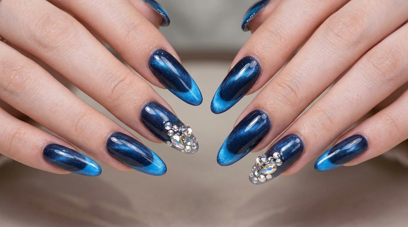 Manicure alla Francese Cat-Eye Blu Notte — Tutorial Nail Art Sofisticata
