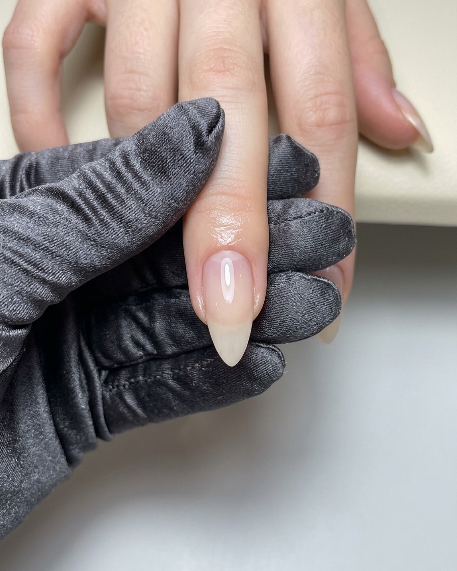 Un pennello che applica del gel costruttore trasparente al centro della lamina ungueale naturale.