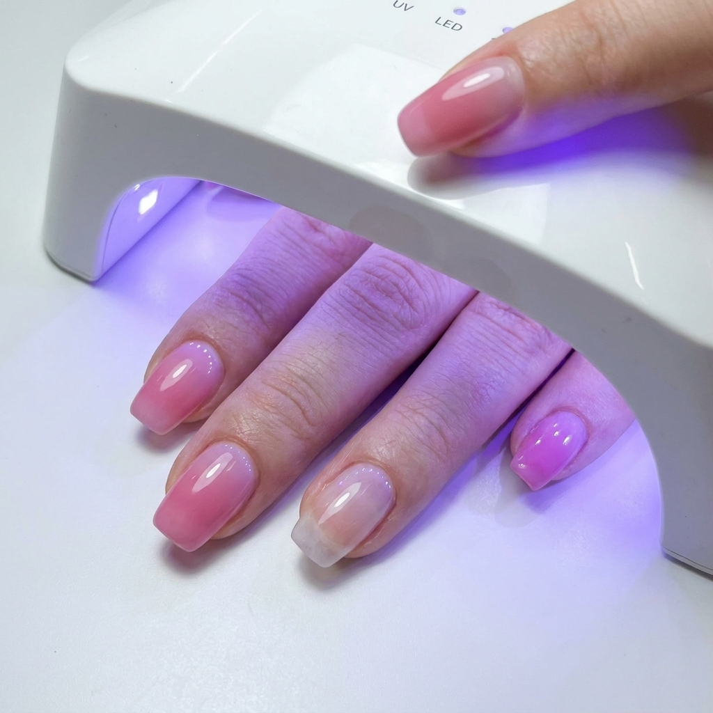Una mano con unghie coperte di gel posizionata allinterno di una lampada UV/LED bianca, con luce blu che illumina le dita.
