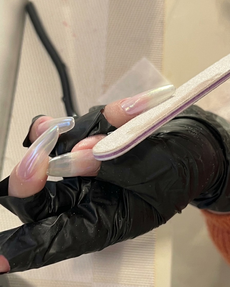 Dettaglio di un pennello da gel che applica del gel costruttore trasparente al centro di ununghia lunga a mandorla, concentrandosi sulla creazione di una struttura liscia.