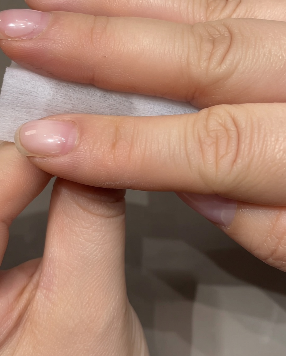 Dita che tengono un pad in cellulosa sgrassando la superficie di ununghia naturale per rimuovere il residuo appiccicoso del gel.