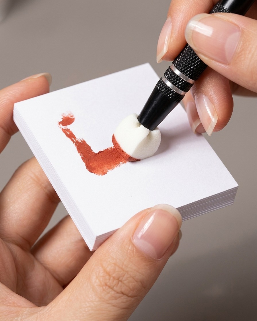 Il lato piatto di una spugnetta da trucco che preleva lo smalto gel da una tavolozza.