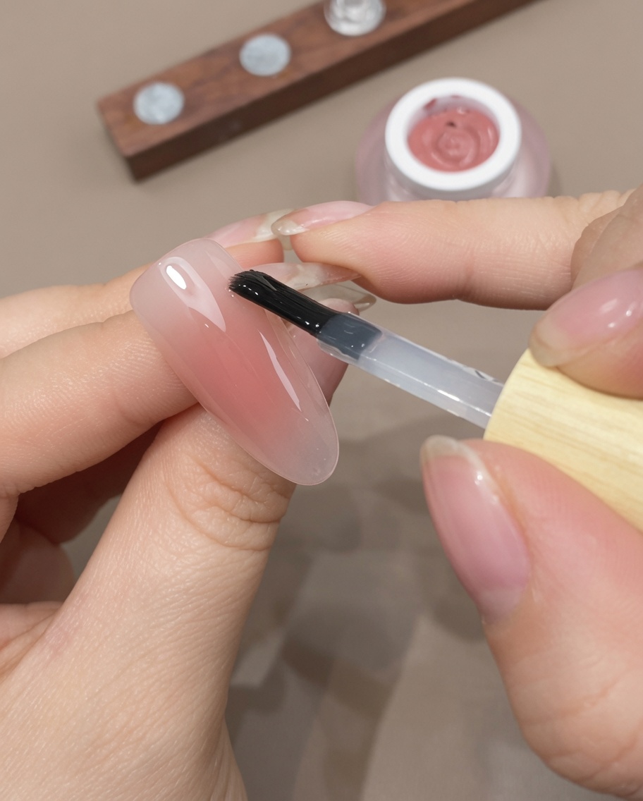 Un pennello che applica uno strato finale di top coat trasparente su ununghia ombré completata.