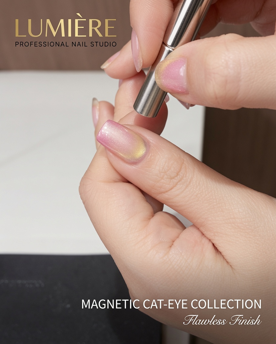 Primo piano di uno strumento magnetico per unghie posizionato lungo il lato di ununghia con gradiente rosa e giallo per formare il riflesso cat-eye.