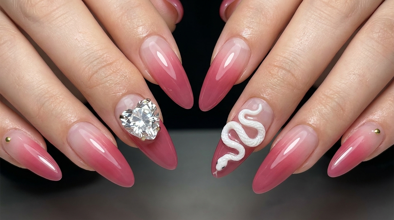 Unghie Ombré Rosa Antico con Serpente 3D e Decorazioni in Cristallo